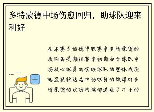 多特蒙德中场伤愈回归，助球队迎来利好