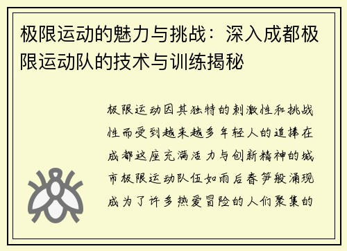 极限运动的魅力与挑战：深入成都极限运动队的技术与训练揭秘