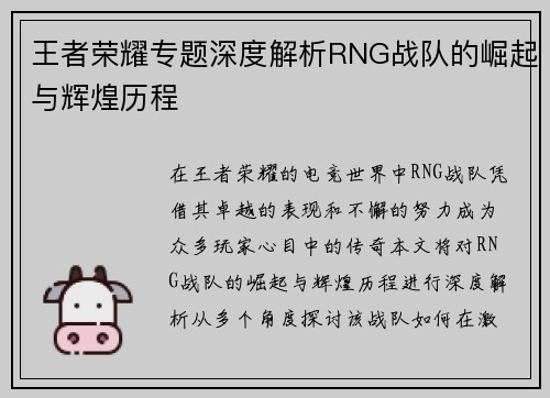 王者荣耀专题深度解析RNG战队的崛起与辉煌历程