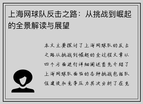 上海网球队反击之路：从挑战到崛起的全景解读与展望